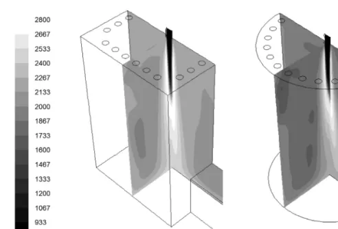 Fig. 2. Isometric view of temperature contour in the combustor geometry (a) Rectangular, (b) Cylindrical.