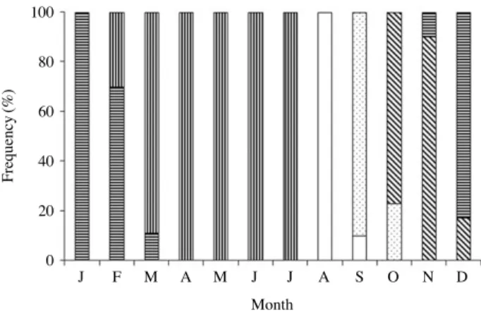 Fig. 4. Annual changes of spermatogenic stages in R. coreana. Sper- Sper-matogenesis in the seminiferous tubules was determined and then divided into five classes of spermatogenic stages  accor-ding to Table 2