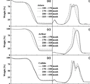 Fig. 3. TG and DTG curves for single coal with different  particle size.