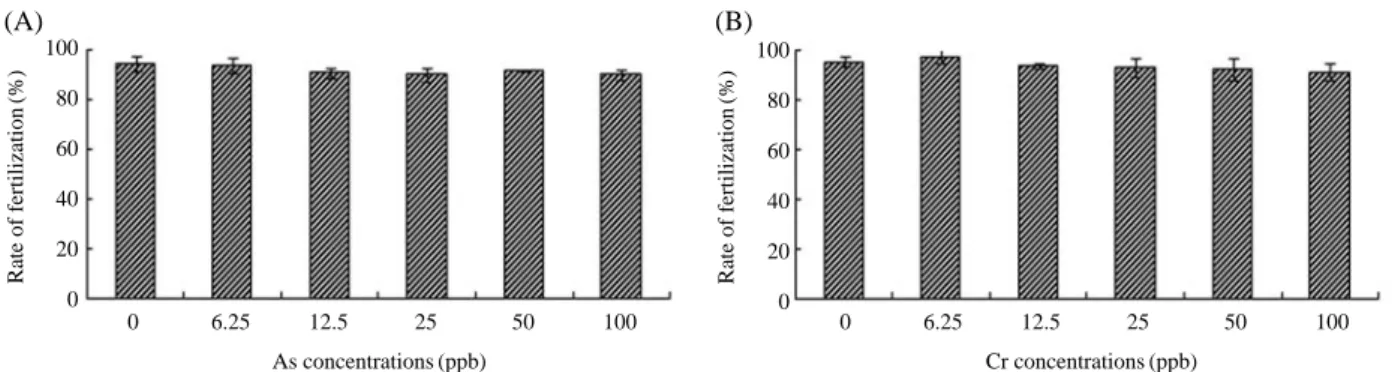 Fig. 4. Changes of normal embryogenesis rates in the sea urchin, H. pulcherrimus eggs exposed to As (A) and Cr (B)