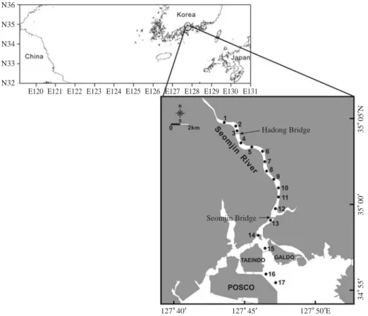 Fig. 1. Map of the sampling stations in the Seomjin River estuary, Korea.