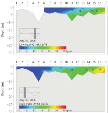 Fig. 3. Abundance of copepods (ind.m -3 ) in high and low tides according to salinity divisions; e.g