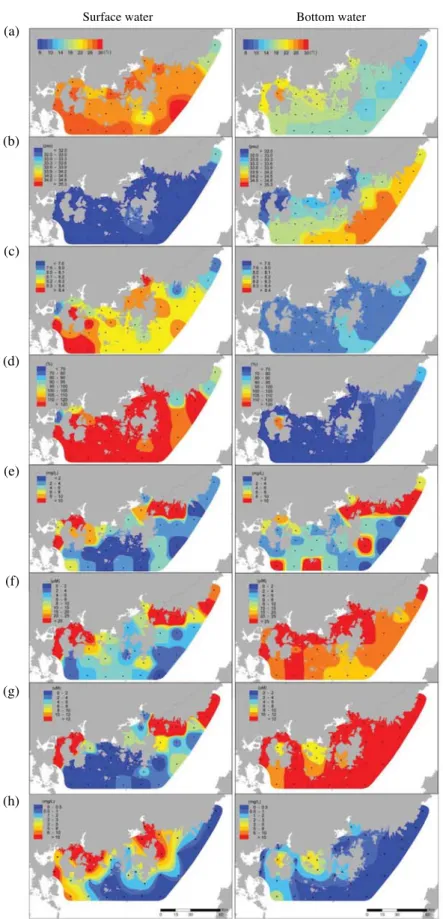 Fig. 2. Spatial variations of physiochemical parameters in surface and bottom waters during summer-flood season