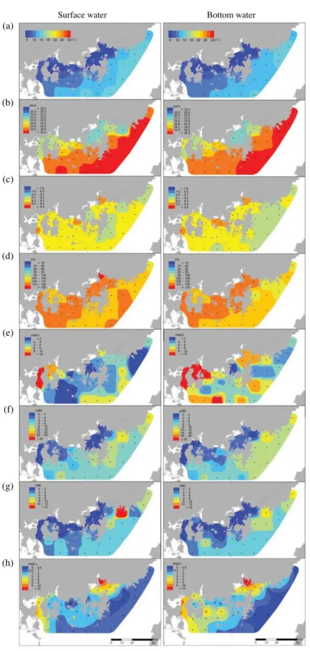 Fig. 3. Spatial variations of physiochemical parameters in surface and bottom waters during winter-dry season