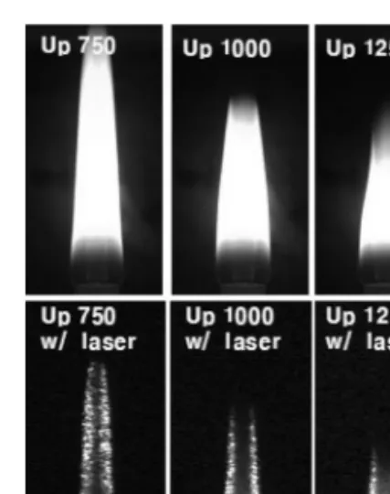 Fig. 8. Flame and light scattering images of upward  cases from 750 to 1,250 sccm of air flow rate.