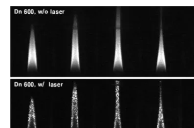 Fig. 11. Sequential flame and light scattering images of downward 600 sccm cases. 내부 노즐에 화염이 부착되어 있는 상태에서 공 기 유량이 600 sccm로 감소하면 화염은 계속하여 진 동하지만 매연은 외부로 방출되지 않았다