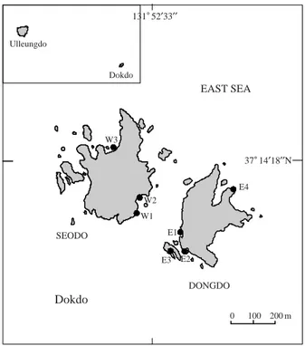Fig. 1. Map showing the survey stations around two islands of Dokdo.
