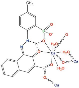 Figure  2.  Molecular  coordination  geometry  about  Ca  in  C.I.  Pigment  Red  57:1,  e.g.,  trihydrate  form  in  synthesis.