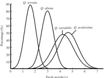 Fig. 1. Seed size distribution of Quercus acutissima, Q. variabilis, Q. aliena and Q. serrata.