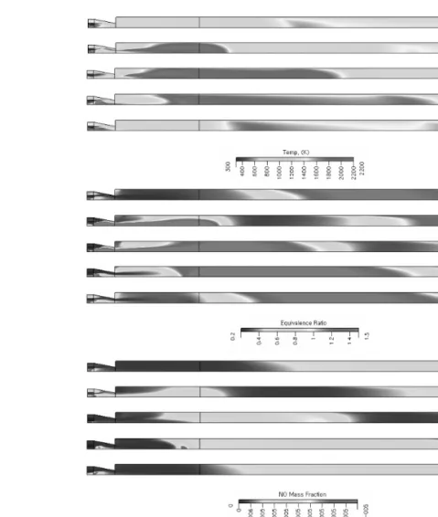 Fig. 12. 듀티비=50%, 주파수=3 Hz인 경우에 대한 온도, 당량비, NO 농도분포. 주파수를 더 높이면 이러한 영향이 증대되어 배출 되는  NO양은  더  증가하게  된다