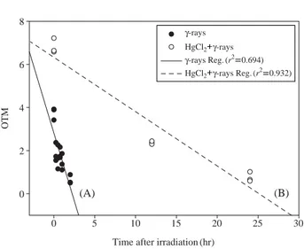 Fig. 2. Changes in the Olive tail moment (OTM) with time in the coelomocytes of E. fetida exposed to 20 Gy  γ-rays (A) or to combination of radiation with HgCl 2 (B) (n= =3)