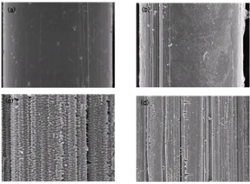 Figure 3. FE-SEM image of atmosphere air plasma treated aramid fiber surface; (a) Control,  (b) 1 min plasma-treated, (c) 3 min plasma-treated, (d) 5 min plasma-treated.
