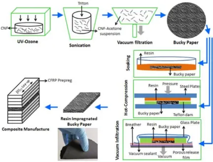 Figure 8. Scheme of a fabrication of CNF bucky papers 17) . 향상을  가져올  뿐만  아니라  나노입자  분산의  문제 점을 해결 할 수 있어 상용화의 가능성이 높다