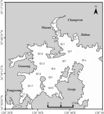 Fig. 1. Map showing the sampling locations in Jinhae Bay, Korea.