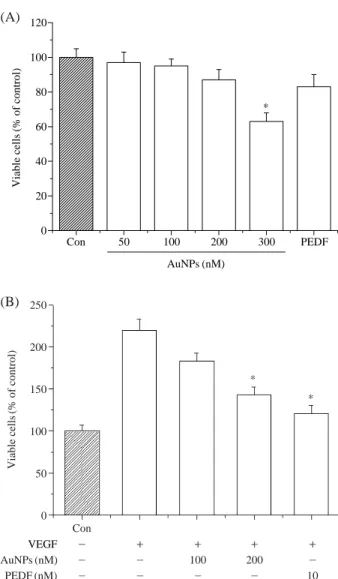 Fig. 1. Effect of Gold nanoparticles (AuNPs) or PEDF on cell via- via-bility of bovine retinal endothelial cells (BRECs)
