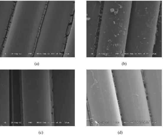Figure 10. SEM images of surface of p-aramid fibers. (a) TiO 2 coated, (b) TiO 2 coated after washing, (c) modified SiO 2 coated, (d) modified SiO 2 coated after washing