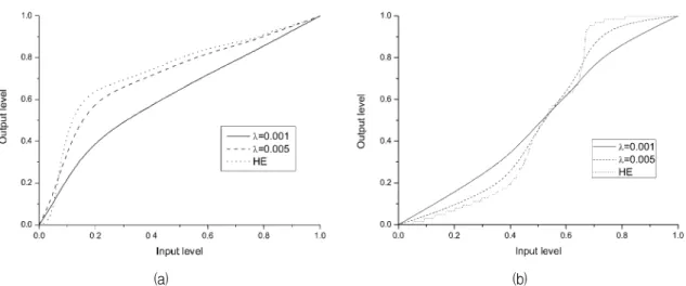 Fig. 5. Intensity mapping functions (a) Fig. 3 (b)-(d) (b) Fig. 4 (b)-(d).