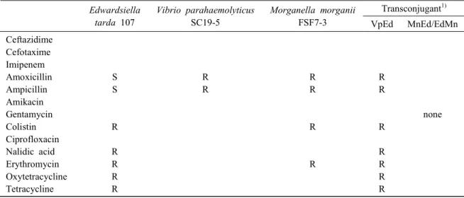 Table  6.  Antimicrobial  resistance  of  the  bacteria  used  in  broth  mating  and  their  transconjugants 