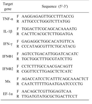 Fig.  1.  The  expression  of  immune  genes  (IFNΦ1,  IFNΦ2,  IFN-γ,  Mx,  IL-1β,  TNF-α)  in  zebrafish  (Danio  rerio)  injected  with  each  plasmid