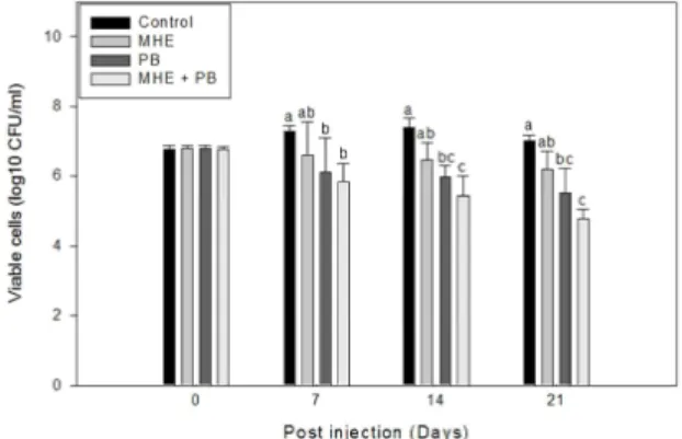 Fig.  5.  ACH 50   activity  in  the  serum  of  tilapia  fed  the  control  diet  (control),  medicinal  herbs  extract  diet  (MHE),  probiotics  diet  (PB),  and  medicinal  herbs  extract  and  probiotics  mixture  diet  (MHE+PB)  for  28  days