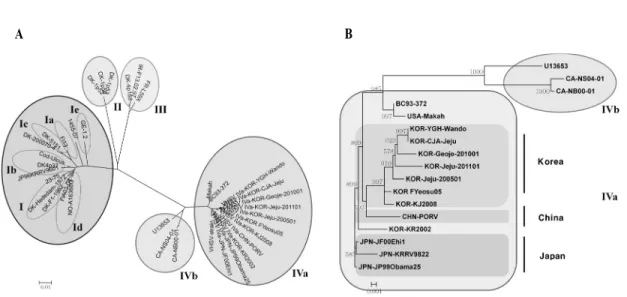 Fig. 1. Phylogenetic analysis using the VHSV isolates. (A) VHSV have identified 4 main genotypes (I to IV), with several subgroups within Genotypes I (minimum Ia to Ie) and IV (IVa and IVb)