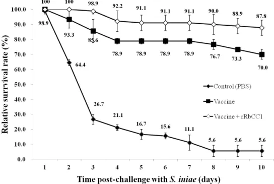 Fig. 2. Survival rate of vaccinated-rock bream after intraperitoneal injection with Streptococcus iniae
