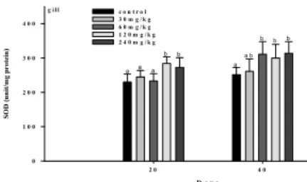 Fig 2. Changes of SOD (unit/mg protein)  in gill of rock bream, Oplegnathus  faasciatus  administrated dietary Zn for 40  days.