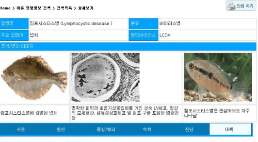 Fig. 6. Example of using fish disease information database in http://earc.chonnam.ac.kr/disease/