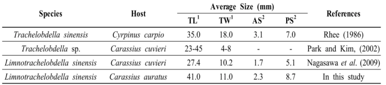 Table 1. Average size of the leeches from the previously studies.