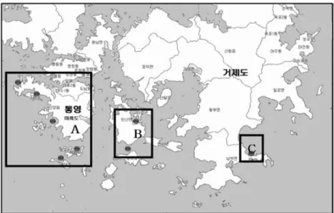 Fig. 1. Map of the investigation station (Circle symbol in the square box each islands)
