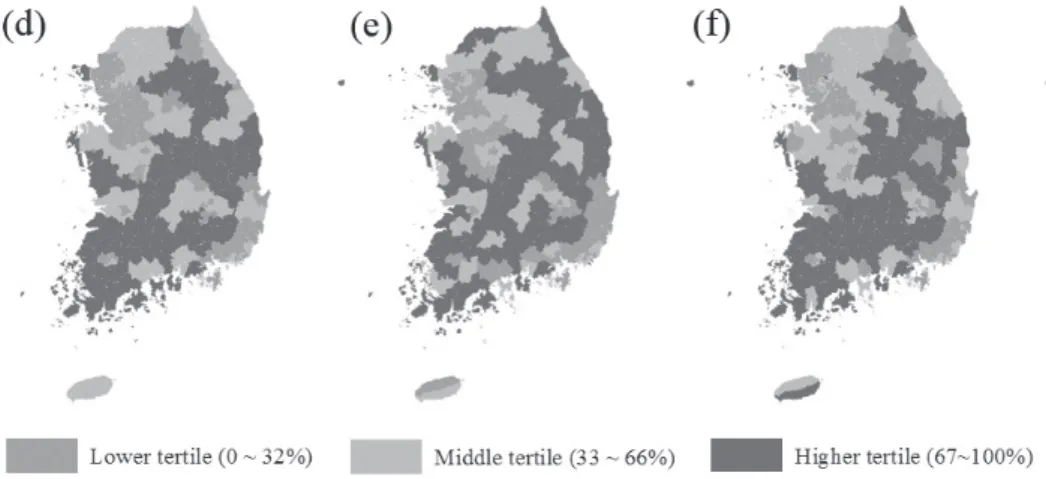 Fig. 1. Choropleth maps for diseases having clustered spatial pattern in order of high Moran's I(z &gt; 1.96):  (a) Allergic rhinitis(I = 0.48), (b) Atopic dermatitis(I = 0.46), (c) Dyslipidemia (I = 0.43), (d) Arthritis(I = 0.36), 
