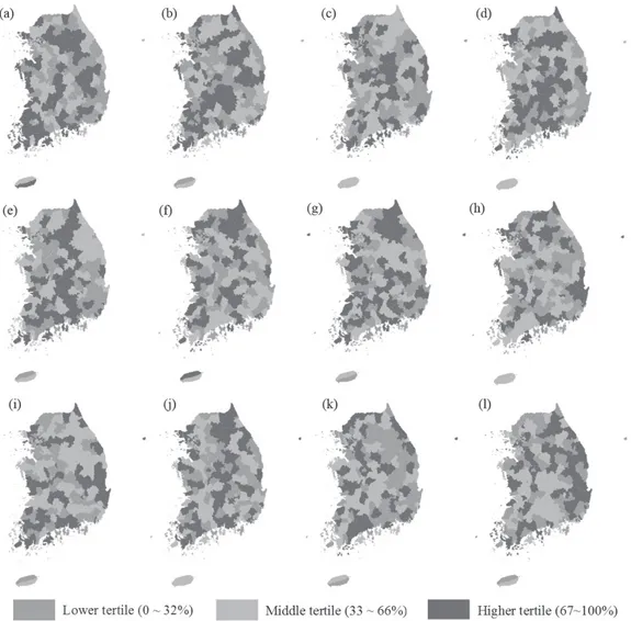 Fig. 3. Choropleth maps for spatial distribution of diseases having statistically not signiﬁcant Moran's I (-1.96 &lt; z &lt; 1.96):  (a) Asthma, (b) Hepatitis B, (c) Hepatitis C, (d) Anemia, (e) Otitis media, (f) Gastroduodenal ulcer, (g) Hemorrhoid, 