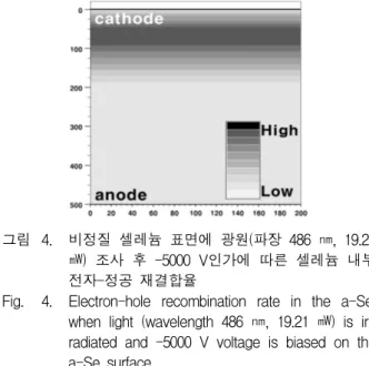 Fig. 4. Electron-hole  recombination  rate  in  the  a-Se,  when  light  (wavelength  486  ㎚,  19.21  ㎽)  is   ir-radiated  and  -5000  V  voltage  is  biased  on  the  a-Se  surface