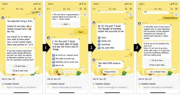 Figure 2.  Screenshots of user interface workflow for a depression screening test using the 10-item Edinburgh Postnatal Depression Scale that can be administered in the prenatal period, followed by the screening test result and therapy suggestions.