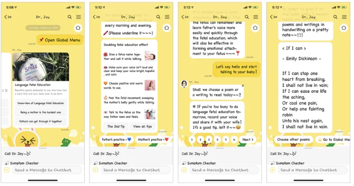 Figure 3.  Screenshots of additional features with which male partners can provide their pregnant partners with social support that is needed for physical and mental health care, or women can take care of themselves.