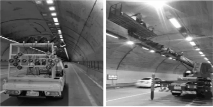그림 1. 터널  라이닝  촬영과  터널  균열  보수 Fig. 1. Imaging  of  tunnel  linings  and  crack  repair.