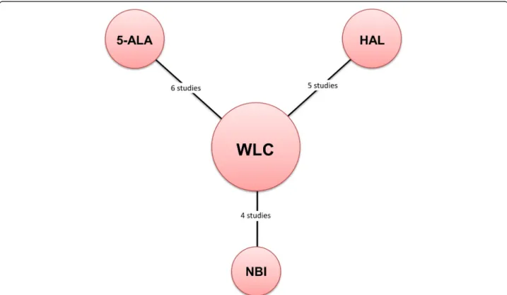 Fig. 2 Network plots for included studies. Six studies compared TUR using 5-ALA-based PDD versus TUR with WLC