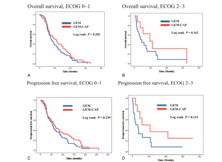 Figure 3. Kaplan–Meier overall survival curves and progression-free survival curves in patients according to performance status