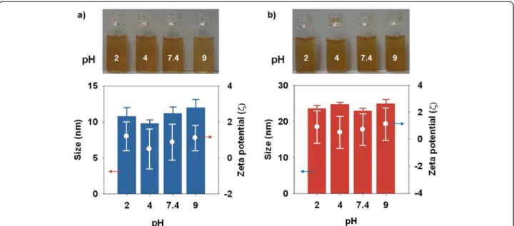 Figure 5 Photographs of colloidal stability tests and hydrodynamic sizes and zeta-potential values of (a) MnMNC6-PEG1K, (b) MnMNC12-PEG2K on various pH conditions