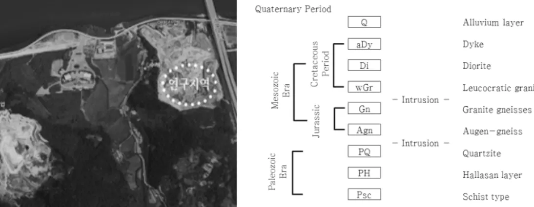 Fig. 1. Site map of study area. Fig. 2. Geological genealogy of study area.여 지반진동 차이의 정량화 연구를 실시한 결과 발파구역으로부터  거리가  증가하면  최대입자속도(peak particle velocity; PPV)의 주파수가 감소하는 특징이 나타났다
