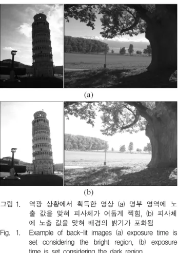 그림 1. 역광  상황에서  획득한  영상  (a)  명부  영역에  노 출  값을  맞혀  피사체가  어둡게  찍힘,  (b)  피사체 에  노출  값을  맞혀  배경의  밝기가  포화됨 Fig