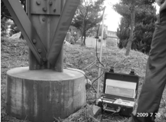 Fig. 1. View of pile driving. Fig. 2. View measuring of the Power  line tower base.답을  고려하여  설계하는  지진하중의  경우  일반적인 사항은  다음과  같다.1) 지진동의 동적인 영향을 고려하는 경우,  우선 구조물의 진동특성,  고유주기 및 진동모드의 평가가 기초가  된다.2) 철탑구조물의 내진설계는 그 기본 고유주기나 진동모드의 진동특성을 고려하여 고층건물과 동일하게  취급하는  