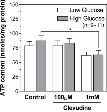 Figure 7. Effects of clevudine on cytosolic ATP content in INS-1E cells.  C ellular contents of ATP in control and clevudine-treated INS-1E cells were measured  by using a bioluminescence method after incubation with low (2.8 mM) or high (16.7  mM) concent