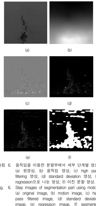 Fig. 6. Step  images  of  segmentation  part  using  motion,  (a)  original  image,  (b)  motion  image,  (c)  high  pass  filtered  image,  (d)  standard  deviation  image,  (e)  regression  image,  (f)  segmented  binary  image