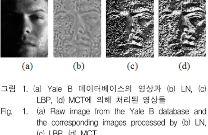 Fig. 1. (a)  Raw  image  from  the  Yale  B  database  and  the  corresponding  images  processed  by  (b)  LN,  (c)  LBP,  (d)  MCT