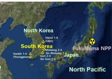 Fig.  1.  The  locations  of  Fukushima  nuclear  power  plant  (NPP)  and  major  24  nuclear  facilities  (currently  in  operation)  around  the  Koran  peninsula