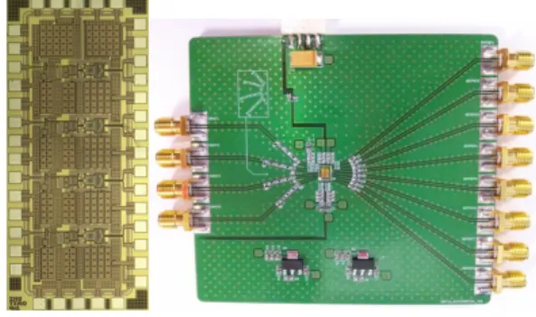 Fig. 11. Chip  photograph  and  its  evaluation  PC-board  of  the  4-channel  differential  INV-TIA  array.