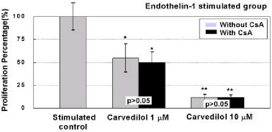 그림 6. Carv edilol 단독 혹은 cy closporine 과의 병합투여가 endothelin - 1 으 로 유도된 혈관 평활근세포의 증식에 미치는 영향.