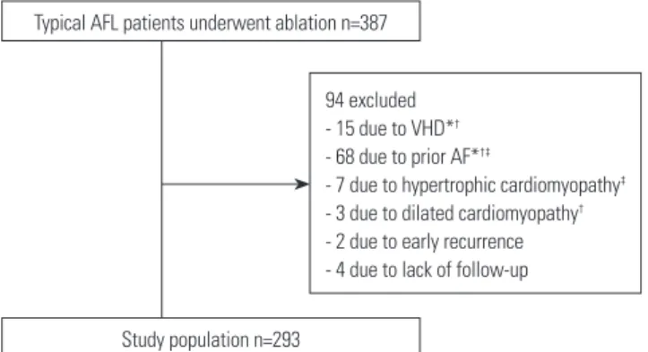 Fig. 1.  Flow chart of the study population. *6 patients had VHD and AF,  † 2 