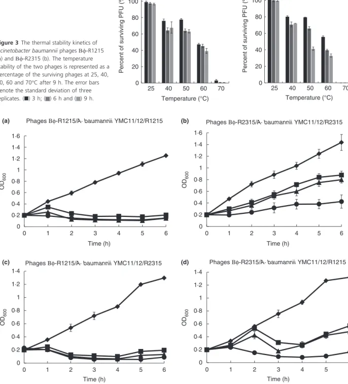 Figure 3 The thermal stability kinetics of Acinetobacter baumannii phages Β/-R1215 (a) and Β/-R2315 (b)